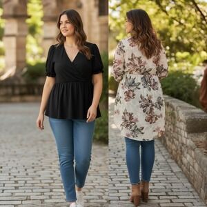 Torrid Floral High Low Tunic & Black Ribbed Puff Sleeve Top Bundle Size 1X Work